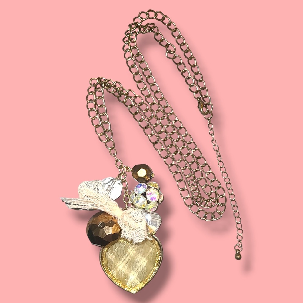 Vintage Style Gold Tone Heart‎ Trinket Charm Pendant Necklace 21–24" Lace Beads